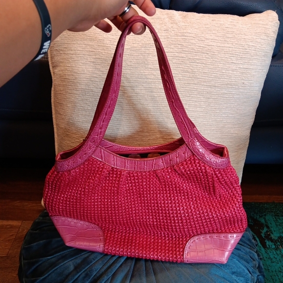 Stone Mountain PINK Handbag PURSE Faux Reptile & Woven Satchel Pocketbook BAG - Picture 4 of 4